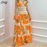 Elegant Spring Summer Boho Style V Neck Floral Print Contrast Lace Split Hem Maxi Dress Holiday Sleeveless Party Long