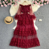Zingj Super Fairy One Word Shoulder To Shoulder Waist Show Thin A Word Flounce Cake Gauze Dress Elegant