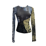 Tat Yarn Print Bottom Blouse Spliced Lace Long-Sleeved T-Shirt