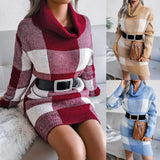 Autumn And Winter Casual Lattice Turtleneck Sweater Dress Knitted Dress Women's