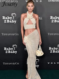 Women New Y2K Knitting Hollow Apricot Elegant Two Pieces Sets Flower Halter Neck Short Vest&Hem Slitted Mermaid