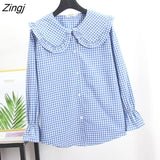 Sweet Plaid Shirt Women Kawaii Peter Pan Collar Lolita Blouse Japanese Preppy Style Puff Sleeve Top Blusas Mujer De