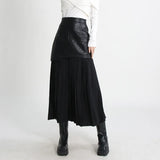 Zingj Street Wind Long Leather Skirt 2024 Autumn And Winter New Fashion High Waist Stitching Mesh Pressure Pleated Skirt