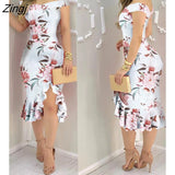Women Fashion Elegant Sexy Off Shoulder Ruffles Slit Pink Midi Dress Summer Corset Party Floral Bodycon Dress