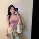 Chic Thai Design V-Neck Shoulder Short Sleeve T-Shirt Women's Curved Under The Hem To Slim Short