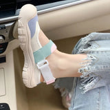 Women's 2025 New Summer Round-Headed Thick-Soled Women's Shoes Blue And White Mashed Magic Sticker Single
