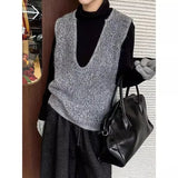 Retro Striped Big V-Neck Knitted Vest Vest Sweater Woman In Autumn 2025 Overlay