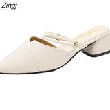 Party Women Mules Slipper Pointed Toe Block Strap Closed Shallow High Heels Shoes Sandals Black Beige Square heel