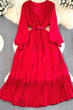 Women Draped Long Dress Spring Autumn Elegatn V-Neck Lantern Sleeve High Waist A-Line Pleated Party Maxi Vestidos