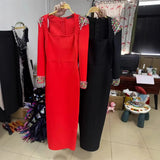 Stylish Black Diamond-Stuffed Casual Long-Sleeved Slender Bandage Long-Sighten Dress Evening