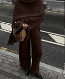 And Winter Pure Color Round Collar Jersey Sweater Set Of Women's Loose Knitted Sweater Broad Leg Trousers Scarf Three