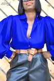 Loose Lady Sexy Tops Lantern Sleeve Vintage Silk Shirt Women Single-breasted Backless Satin Blouse Women Blusas New