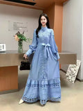 Small Vintage Hollow Lace Splicing Strap Belt Lantern Sleeve Dress Female Court Long