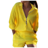 Women's New Spring Fashion Set Long-Sleeved Print Zipper Top Shorts Two-Piece