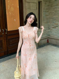 Xixi 2025 Summer New Korean Version High Waist Vacation Wearing Dress V-Neck Printed Pure Desired Skirt