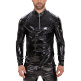 Zingj Men's PU Mirror Bright Leather Long Sleeve Casual Leather Jacket Slim Zipper Standing Collar T-Shirt Smell