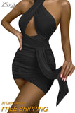 Cross Halter Neck Women Bodycon Dress Sexy Solid Color Sleeveless Pleated Ruched Mini Sheath Dress Party Backless