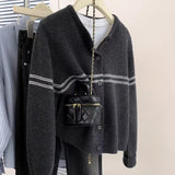 Striped Wool Knitted Cardigan Women's Autumn Coat 2025 New Spliced Sweater Jacket Bottom Shirt