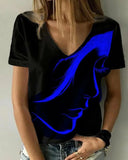 2023Fashion Women's Tops Abstract Portrait Painting T Shirt Loose Print V Neck Basic Tops Black / 3D Print Shirt