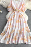 Women Printed Chiffon Dress Elegant V-Neck Short Puff Sleeve High Waist A-Line Vintage Vestidos With Sashes New