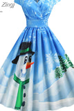 Santa Claus Print Vintage Women Elegant Christmas Party Dress Robe Femme 3XL Casual V Neck Winter Midi