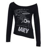 Dark Letter Print Slanted Shoulder Loose Short-Sleeved T-Shirt Millennium Hottie Street Sexy Backhide Hop