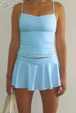 2023 Summer 2 Pieces Women Outfits Sleeveless Strap V-neck Slim Fit Camis Vest Tops Low Waist Pleated Mini Skirts