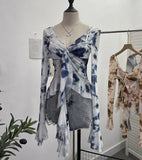 Kinking Of The Net Yarn Irregularly Kinked Lotus Lobe Slings Shoulder Horn Sleeve T-Shirt Short Top