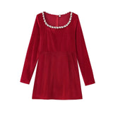 2025 New Women's French Retro Square Collar, Long Sleeve, Slim Nail Bead And Inset Velvet