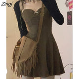 Winter 2 Piece Dress Set Women Casual Long Sleeve Crop Tops + Pure Color Strap Mini Dress Female Elegant Korea Fashion