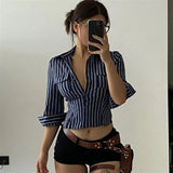 Girl Wind Polo Collar Five-Point Sleeve Folded Sleeves Folded Striped Cool Slim Waist Shirt Thin