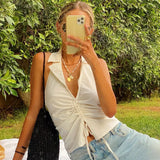 Deep V-Neck Sexy Sleeveless Tank Top Women Summer Crop Tops Ruched Drawstring Black Fashion Skinny Elastic