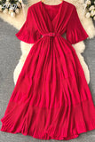 Vintage Women Pleated Chiffon Midi Dress Elegant V-Neck Short Sleeve High Waist A-Line Draped Purple/Red/Yellow Robe