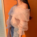 Shouder Top Women Mesh Blouse Korean Style Long Sleeve Woman Blouses Fashion Ladies Tops 2023 Blusas