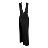 Zingj Girls Wear A New Women's Wear Sexy Deep V Slit Pleated Long Skirt Black Dress