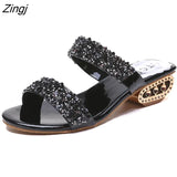 Sequin Slippers Women Summer Luxury Golden Square Heel Party Shoes Slides Woman Open Toe Med Heels Beach