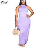 Women 2023 Summer Tassel Side Maxi Skirts Suit Sleeveless Tops Beach Matching Two 2 Piece Set