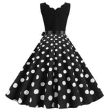 Dot Print Vintage Women Summer Dress Black Patchwork Sleeveless V neck Elegant Party Dresses Casual Robe