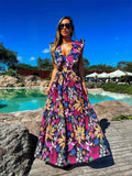 New Ruffle Sleeveless Printed Skirt Ladies V Neck Elegant Long Dress Waist Slimming Temperament