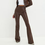 Zingj Women's Winter 2024 New High Waist Light Sense PU Leather Pants Trousers Black Bright Face Horn Trousers Women's