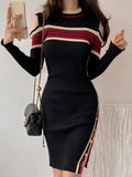 Winter Knitting Mini Dresses for Women Sexy Strapless O-neck Long Sleeve Robe Femme Side Split Button Vestido Autumn