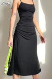Fashion Strappy Ruched Sexy Black Dress Irregular Elegant Backless Long Dress Party Summer Dresses Women 2023