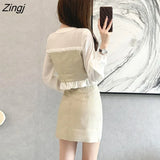 Women Sets Blouses Patchwork Ruffles Skirts Mini Button Elegant Sweet Fashion Korean Spring Simple Casual Retro Outfits Hot