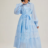 2025 New French Court Style Single Buckle Heavy Industry Splicing Lace Long-Sleeved Dress With