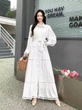 High-End Retro Collar Single Buckle Lantern Sleeve Dress Women's Hollow Lace To Receive Long Waist