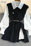 lantern shirt 2 two piece set women knitted vest 2023 spring autumn womens Long sleeve Shirts sets Sleeveless Sweater
