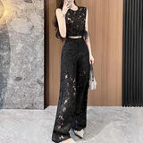 Sets Of 2025 Autumn Hollow Embroidered Flower Ostrich Wool Coat High Waist Broad Leg Trousers Set