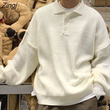 Solid Knit Pullovers Women Loose BF Simple Unisex Turn-down Collar Streetwear All-match Vintage Leisure Sweaters Chic