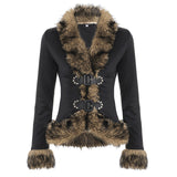Autumn New Street Style Y2K Retro Wool Collar Splicing Leather Buckle Waist Jacket Casual