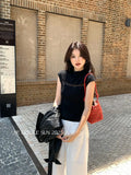 Xixi 2025 Autumn New Temperament Pure Color Round Collar Hollow Knitted Shirt Toped Women